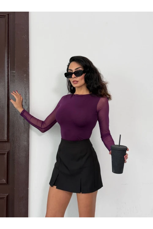 Kadın Mor Uzun Tül Kol Sandy Bluz HZL25W-FRY122521