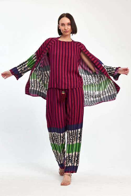 Kadın Mürdüm Çizgili Atlet Kimono Ve Pantolon Dokuma Viscon Alt Üst Takım HZL25S-VM110421