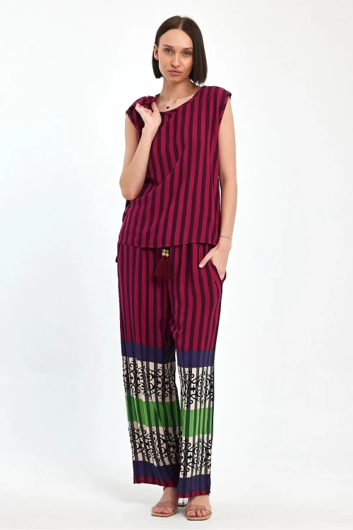 Kadın Mürdüm Çizgili Atlet Kimono Ve Pantolon Dokuma Viscon Alt Üst Takım HZL25S-VM110421