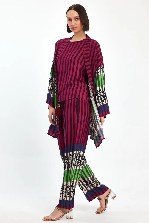 Kadın Mürdüm Çizgili Atlet Kimono Ve Pantolon Dokuma Viscon Alt Üst Takım HZL25S-VM110421