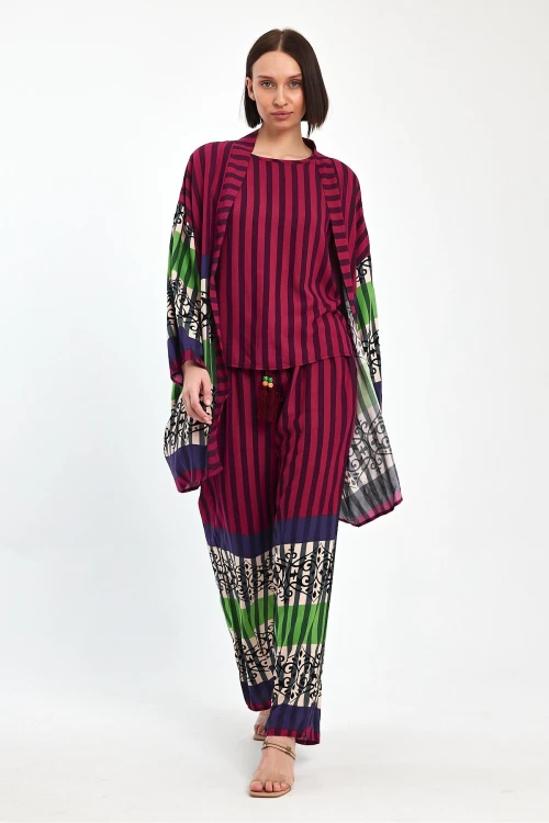 Kadın Mürdüm Çizgili Atlet Kimono Ve Pantolon Dokuma Viscon Alt Üst Takım HZL25S-VM110421