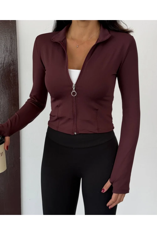 Kadın Mürdüm Dalgıç Kumaş Fermuar Kapamalı Parmak Geçirmeli Sweatshirt HZL25W-FRY123441