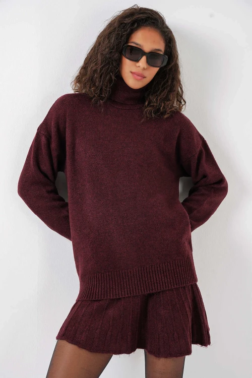 Kadın Mürdüm Kazak Etek Triko İkili Takım HZL25W-BD1102641