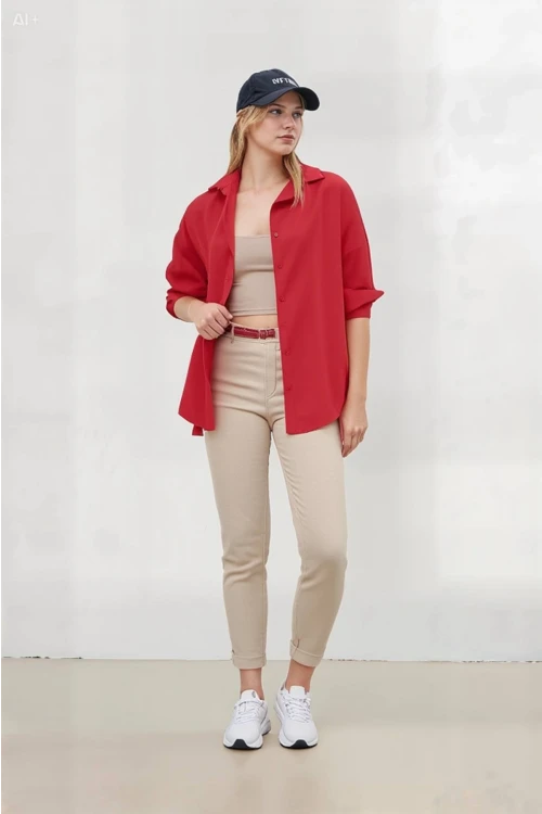 Kadın NAR Çiçeği Oversize Uzun Basic Gömlek HZL22W-BD139001