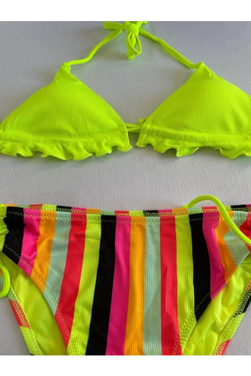 Kadın Neon Sarı Renk Desenli Boyundan Bağlamalı Bikini Takım HZL25S-LC3350