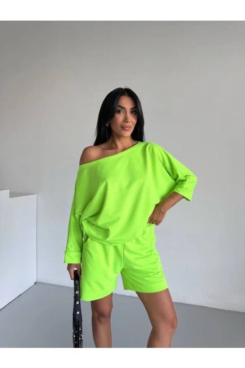 Kadın Neon Yeşil 2 İplik Kayık Yaka Bluz Şort Alt Üst Takım HZL25S-FRY120511