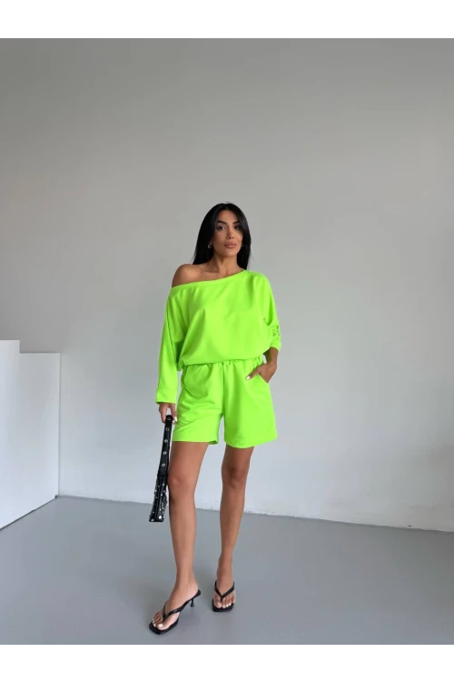 Kadın Neon Yeşil 2 İplik Kayık Yaka Bluz Şort Alt Üst Takım HZL25S-FRY120511