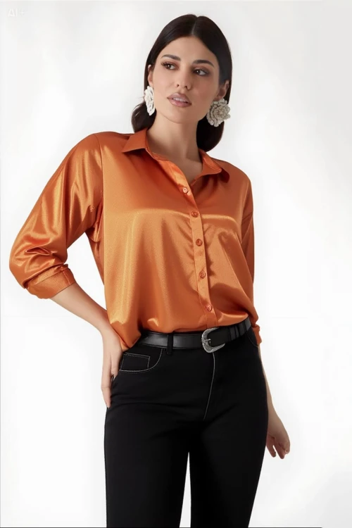 Kadın Oranj  Hafif Dökümlü Saten Yüzeyli Gömlek HZL22W-BD139641