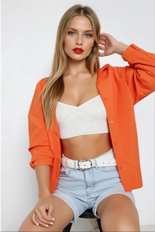 Kadın Oranj Oversize Uzun Basic Gömlek HZL22W-BD139001