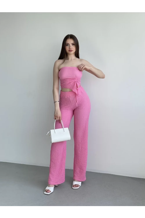 Kadın Pembe Beli Lastilkli Gofre Kumaş Pantolon HZL24S-ZK13261