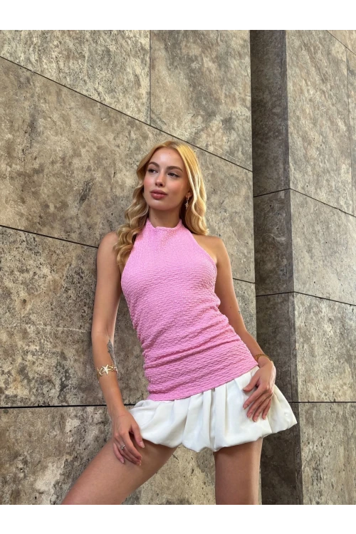 Kadın Pembe Boyundan Bağlamalı Gofre Kumaş Bluz HZL25S-ZK13631