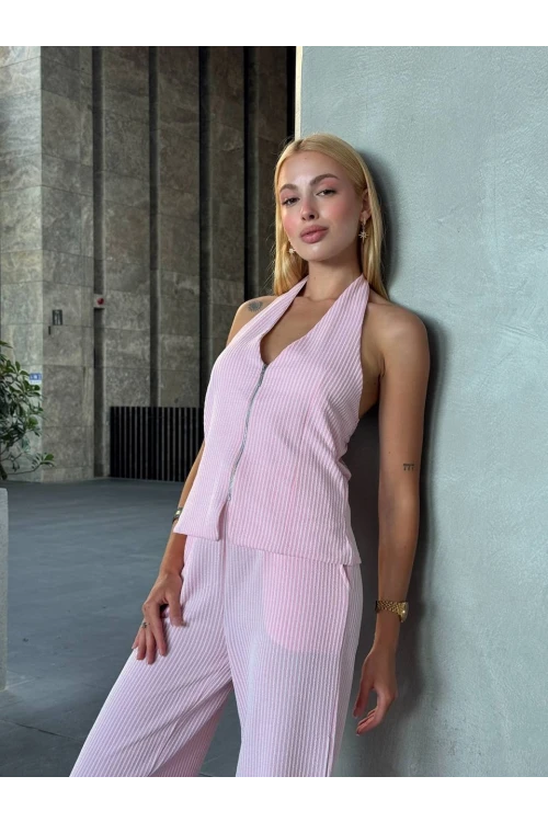 Kadın Pembe Çizgili Önü Fermuarlı Bluz Pantolon İkili Takım HZL25S-ZK13691