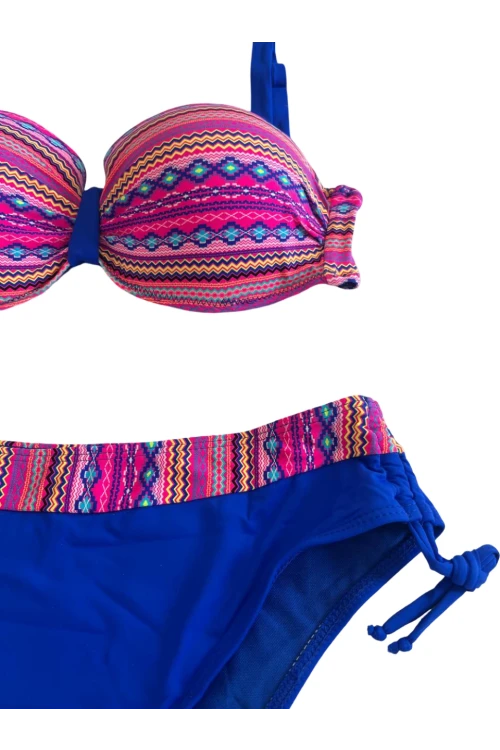 Kadın Pembe Saks Mavi Etnik Desenli Astarlı Bikini Takımı HZL25S-LC22626