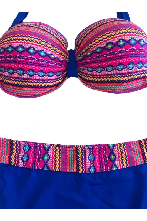 Kadın Pembe Saks Mavi Etnik Desenli Astarlı Bikini Takımı HZL25S-LC22626