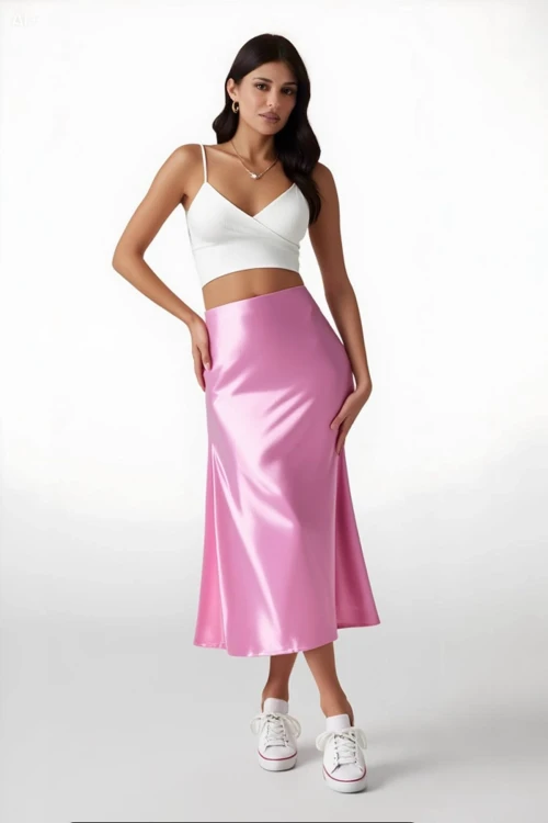 Kadın Pembe Saten Yüzeyli Beli Lastikli Midi Boy Etek Hzl23S-BD1101471