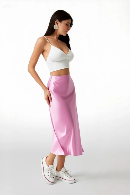 Kadın Pembe Saten Yüzeyli Beli Lastikli Midi Boy Etek Hzl23S-BD1101471