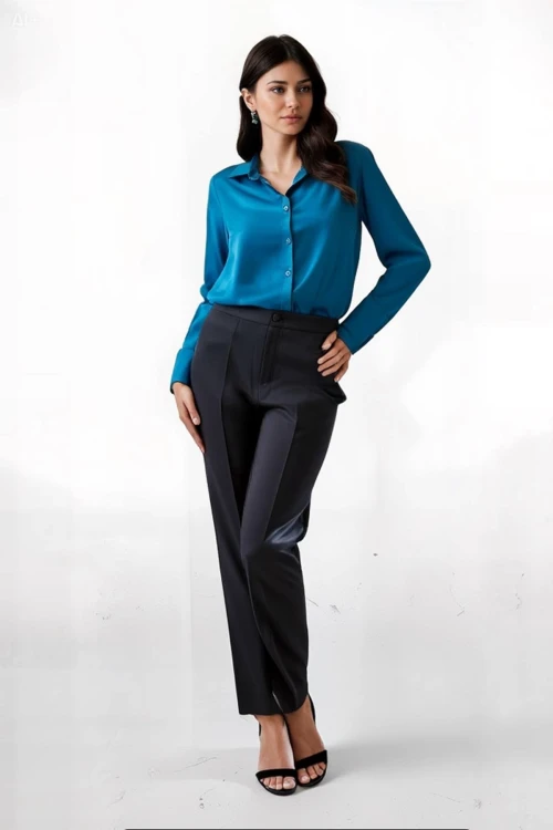 Kadın Petrol Mavisi Hafif Dökümlü Saten Yüzeyli Gömlek HZL22W-BD139641