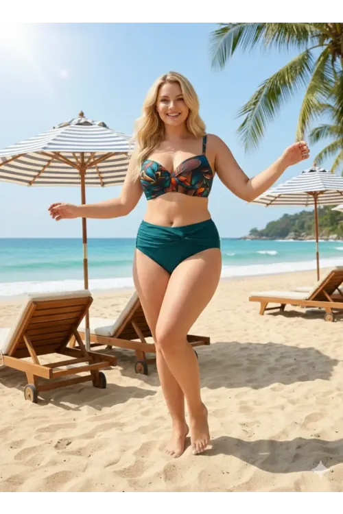 Kadın Petrol Yeşili Çiçek Desenli Astarlı Büyük Beden Bikini Takımı HZL25S-LC24108