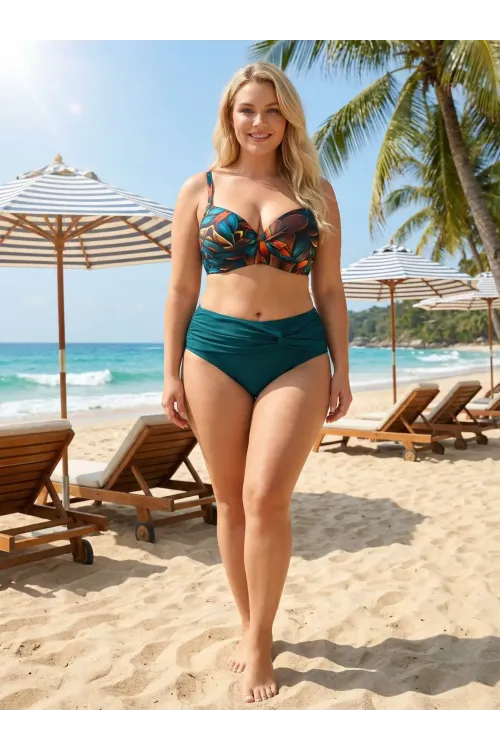 Kadın Petrol Yeşili Çiçek Desenli Astarlı Büyük Beden Bikini Takımı HZL25S-LC24108