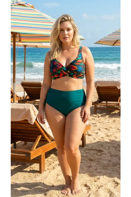 Kadın Petrol Yeşili Çiçek Desenli Astarlı Büyük Beden Bikini Takımı HZL26S-LC21202