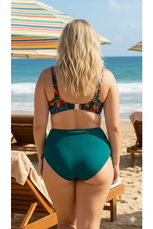 Kadın Petrol Yeşili Çiçek Desenli Astarlı Büyük Beden Bikini Takımı HZL26S-LC21202