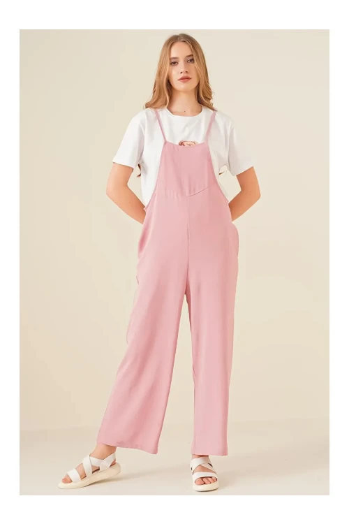 Kadın Pudra Ayarlanabilir Askılı Cepli Bol Paça Bahçıvan Tulum HZL22S-BD170191