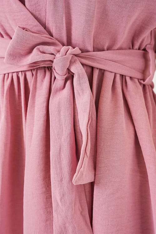 Kadın Pudra Kruvaze Yaka Beli Lastikli Kuşaklı Bluz HZL25S-BD19661