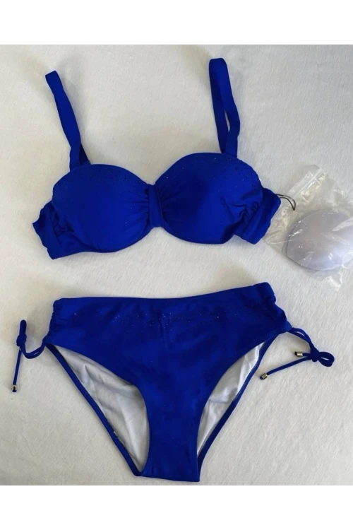 Kadın Saks Mavi Taş İşlemeli Astarlı Bikini Takım HZL25S-LC3361