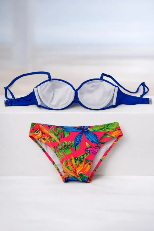 Kadın Saks Mavi Taş İşlemeli Toka Aksesuarlı Astarlı Bikini Takım HZL25S-LC208