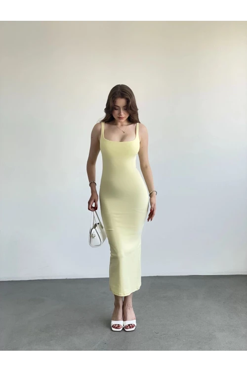 Kadın Sarı Askılı Kare Yaka Midi Elbise HZL25S-ZK11621