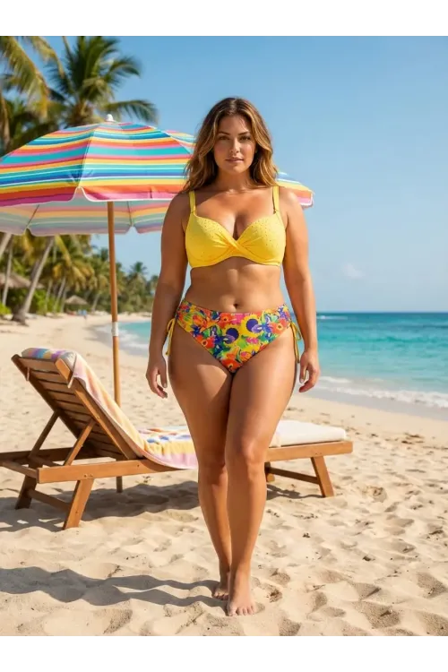 Kadın Sarı Çiçek Desenli Taş İşlemeli  Astarlı Bikini Takım HZL25S-LC3313