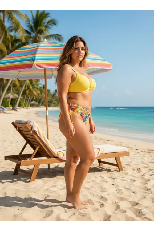 Kadın Sarı Çiçek Desenli Taş İşlemeli  Astarlı Bikini Takım HZL25S-LC3313