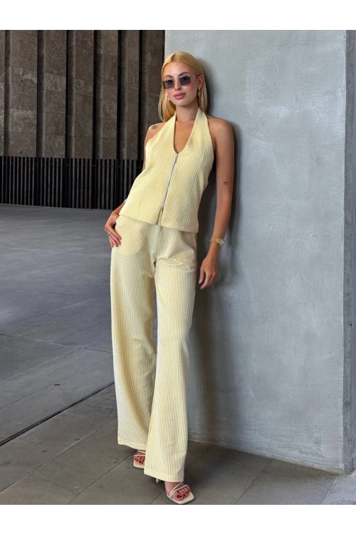 Kadın Sarı Çizgili Önü Fermuarlı Bluz Pantolon İkili Takım HZL25S-ZK13691