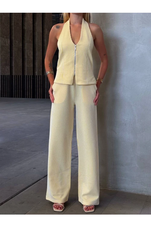 Kadın Sarı Çizgili Önü Fermuarlı Bluz Pantolon İkili Takım HZL25S-ZK13691