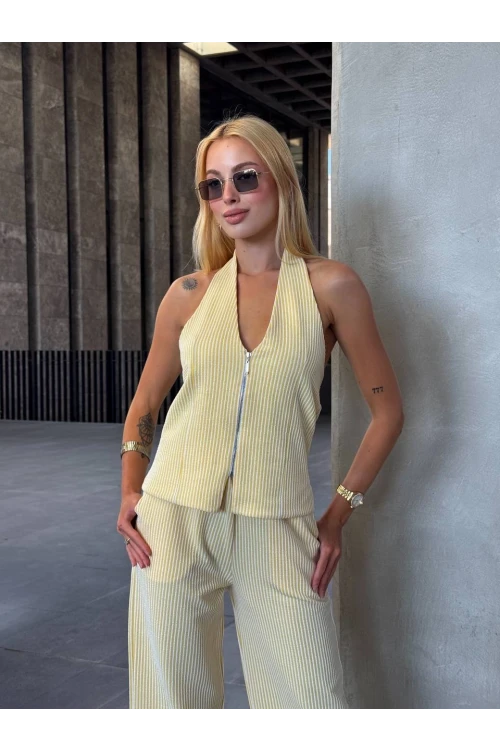 Kadın Sarı Çizgili Önü Fermuarlı Bluz Pantolon İkili Takım HZL25S-ZK13691