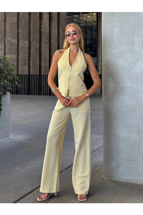 Kadın Sarı Çizgili Önü Fermuarlı Bluz Pantolon İkili Takım HZL25S-ZK13691