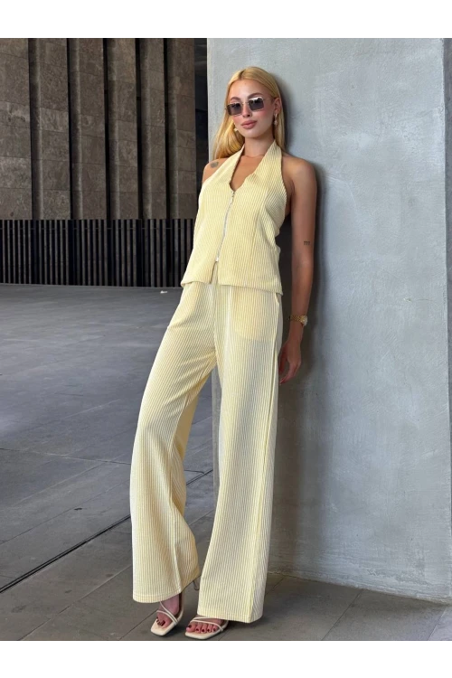 Kadın Sarı Çizgili Önü Fermuarlı Bluz Pantolon İkili Takım HZL25S-ZK13691