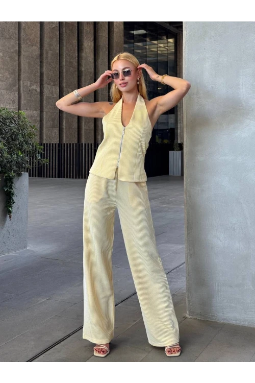 Kadın Sarı Çizgili Önü Fermuarlı Bluz Pantolon İkili Takım HZL25S-ZK13691