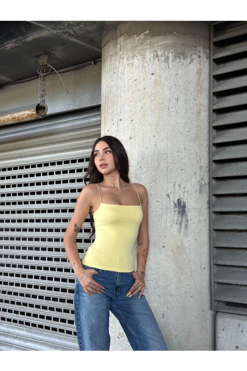 Kadın Sarı İp Askılı Örme Body Bluz HZL24S-ZK11001