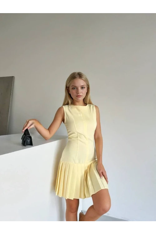 Kadın Sarı İthal Dooble Kumaş Kolsuz Elbise HZL25W-FRY122651