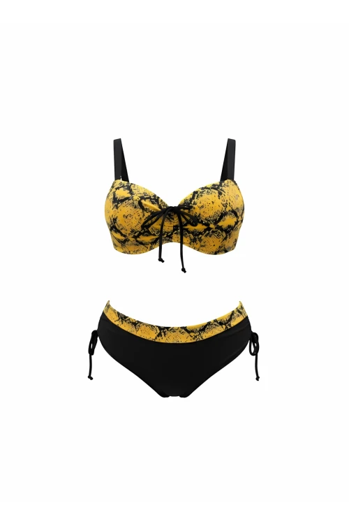 Kadın Sarı Siyah Desenli Taş İşlemeli Toparlayıcı Büyük Beden Bikini Takım HZL25S-LC3333