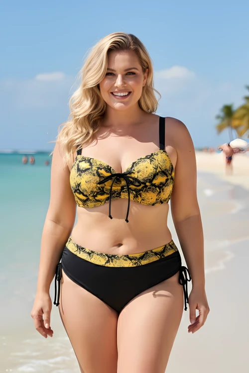 Kadın Sarı Siyah Desenli Taş İşlemeli Toparlayıcı Büyük Beden Bikini Takım HZL25S-LC3333