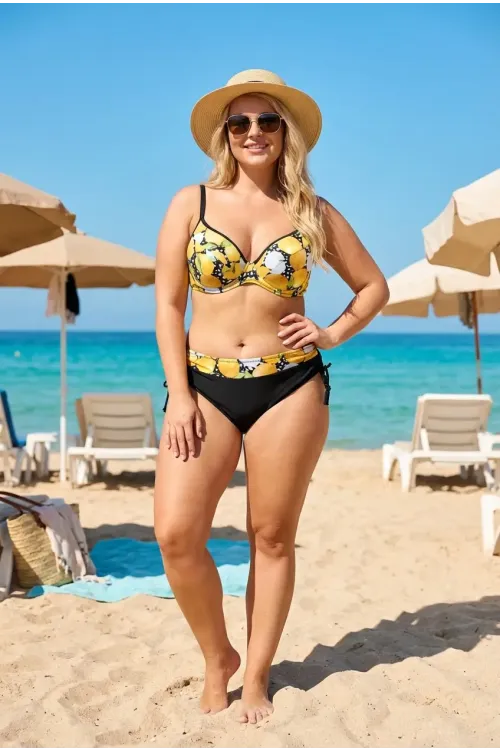 Kadın Sarı Siyah Limon Desenli İp Askılı Yüksek Bel Büyük Beden Bikini Takım HZL24S-LC3348