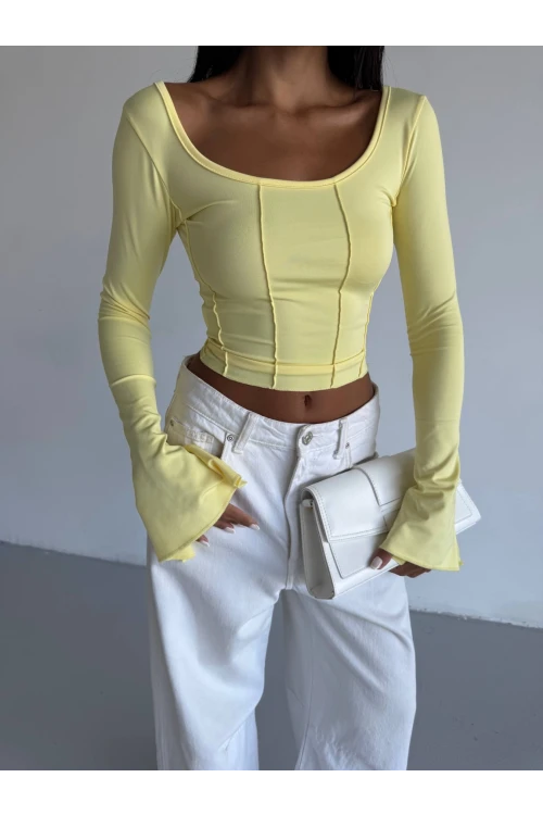 Kadın Sarı Uzun Kollu Arkası Bağlamalı Fit Kesim Crop Bluz HZL25W-FRY122771