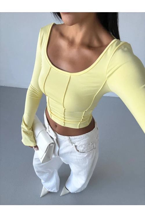 Kadın Sarı Uzun Kollu Arkası Bağlamalı Fit Kesim Crop Bluz HZL25W-FRY122771