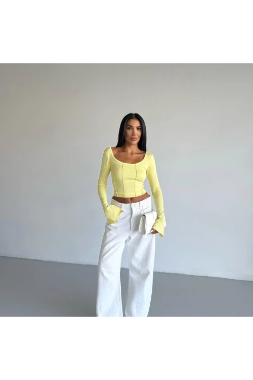 Kadın Sarı Uzun Kollu Arkası Bağlamalı Fit Kesim Crop Bluz HZL25W-FRY122771