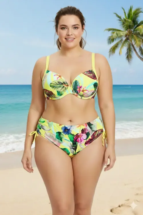 Kadın Sarı Yaprak Desenli Askılı Yüksek Bel Toparlayıcı Büyük Beden Bikini Takım HZL24S-LC22625