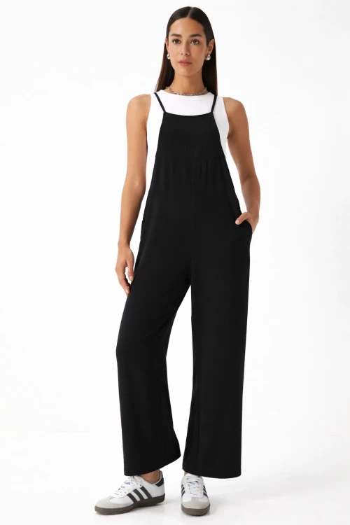 Kadın Siyah Ayarlanabilir Askılı Cepli Bol Paça Bahçıvan Tulum HZL22S-BD170191