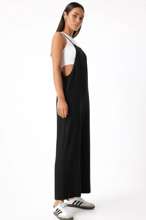 Kadın Siyah Ayarlanabilir Askılı Cepli Bol Paça Bahçıvan Tulum HZL22S-BD170191