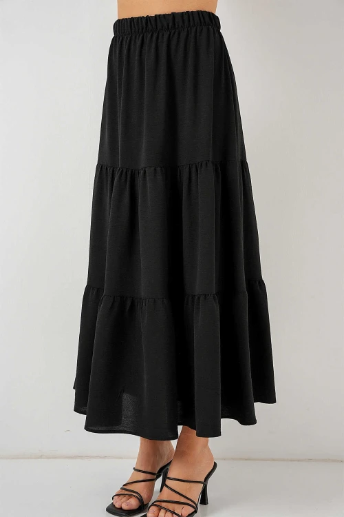 Kadın Siyah Beli Lastikli Ayrobin Uzun Etek HZL25S-BD180481